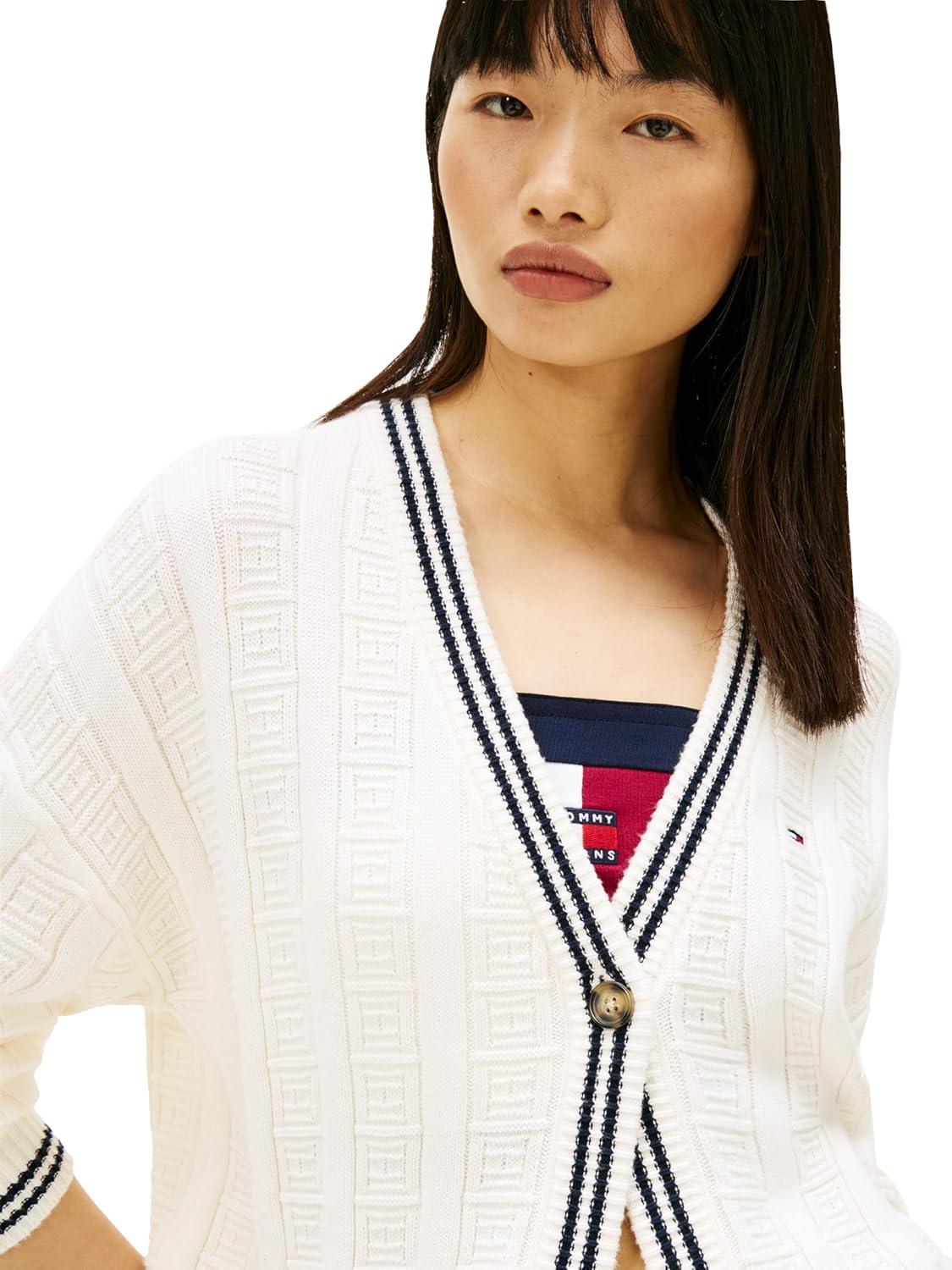 imageTommy Jeans Womens Medium Weight Cotton Cable Cardigan with Knit Flag PrintAncient White