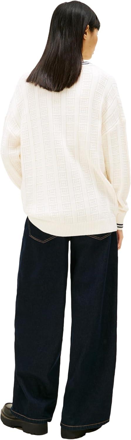 imageTommy Jeans Womens Medium Weight Cotton Cable Cardigan with Knit Flag PrintAncient White