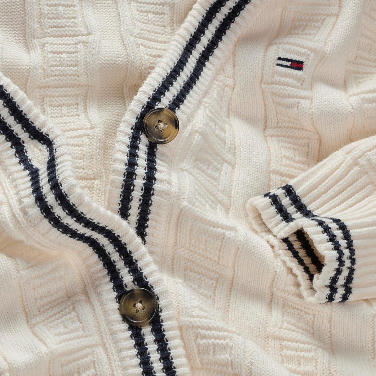 imageTommy Jeans Womens Medium Weight Cotton Cable Cardigan with Knit Flag PrintAncient White