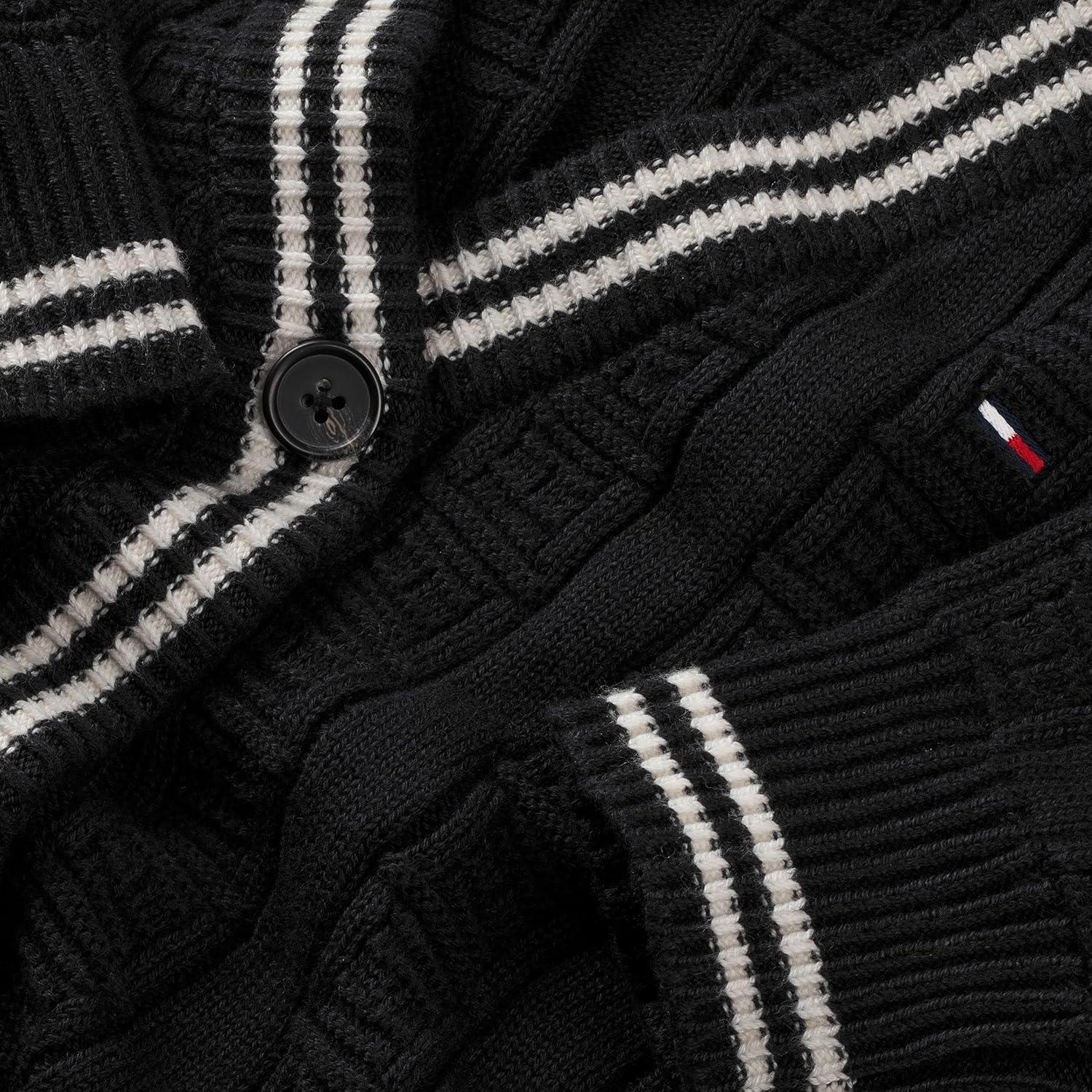 imageTommy Jeans Womens Medium Weight Cotton Cable Cardigan with Knit Flag PrintBlack