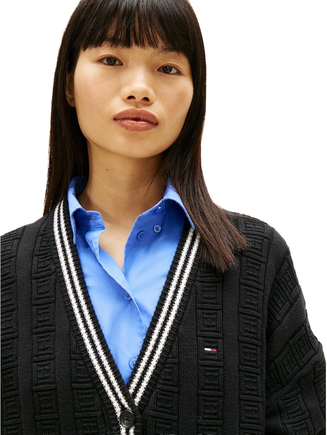 imageTommy Jeans Womens Medium Weight Cotton Cable Cardigan with Knit Flag PrintBlack