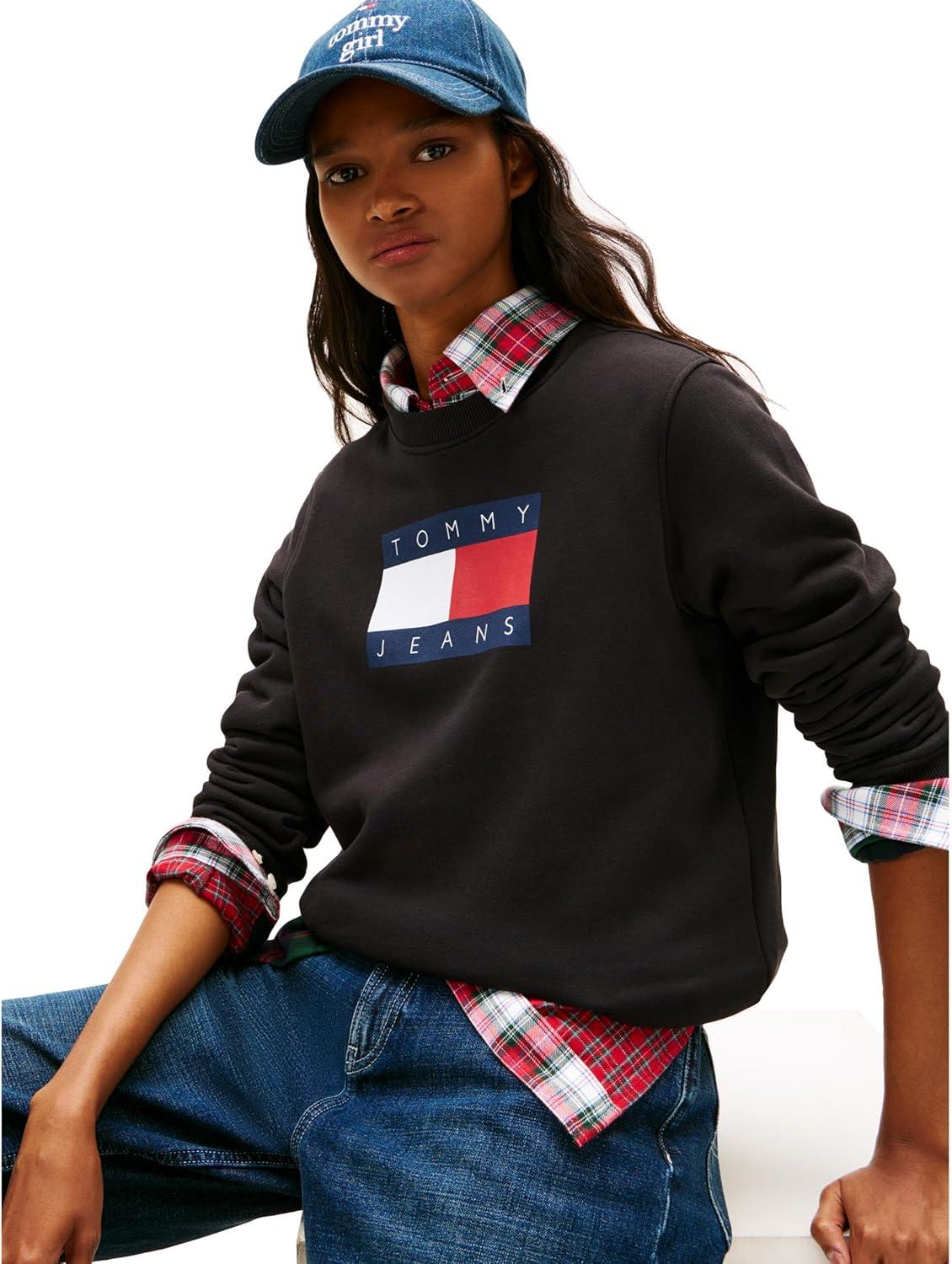 imageTommy Jeans Womens Medium Weight Pullover Crewneck With Flag Logo DetailBlack