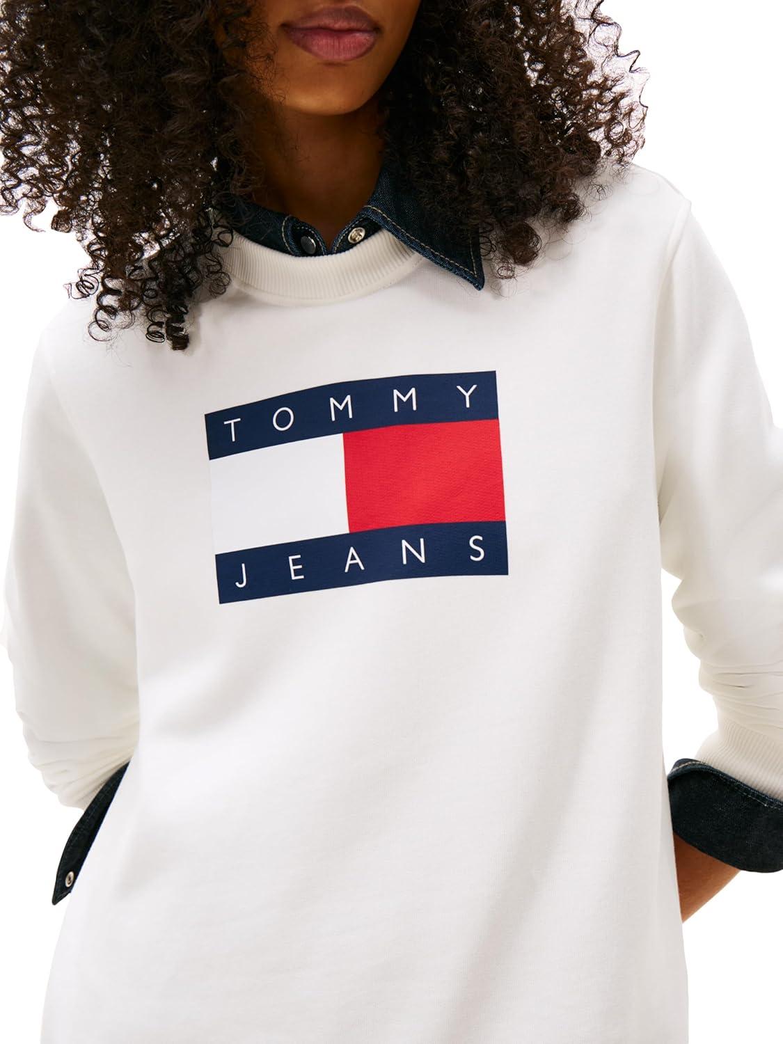 imageTommy Jeans Womens Medium Weight Pullover Crewneck With Flag Logo DetailEcru