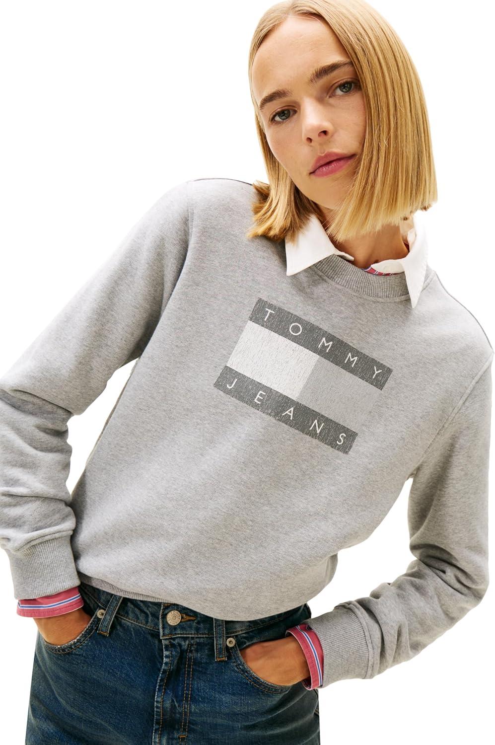 imageTommy Jeans Womens Medium Weight Pullover Crewneck With Flag Logo DetailTonal Mid Grey Heather