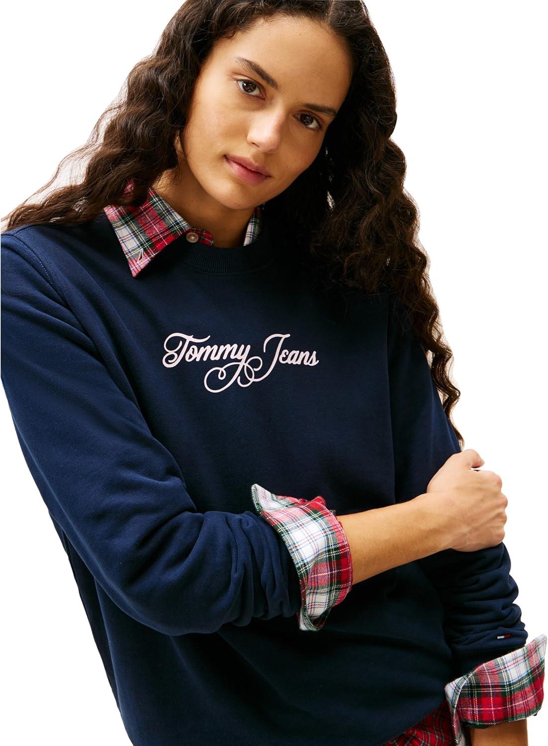 imageTommy Jeans Womens Medium Weight Pullover Crewneck With Printed Script LogoDark Night Navy