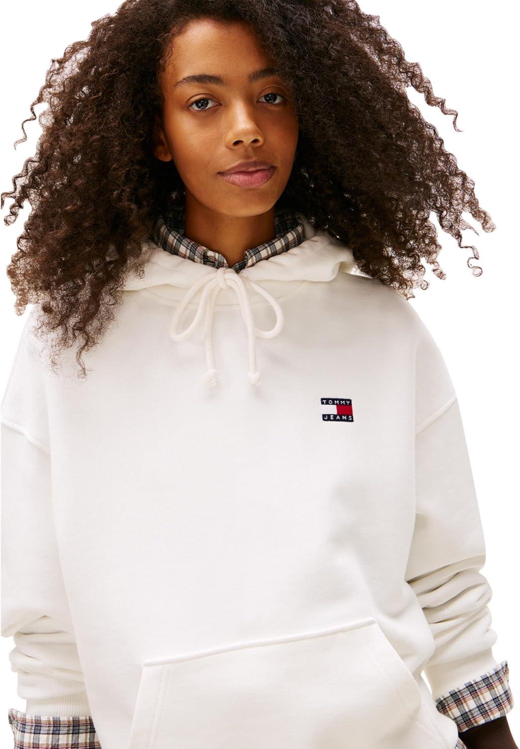 imageTommy Jeans Womens Medium Weight Pullover Hoodie With Embroidered Flag LogoEcru