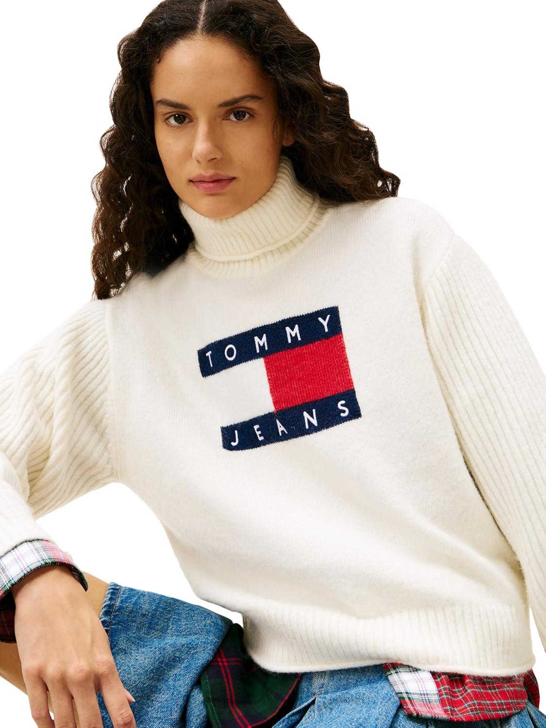 imageTommy Jeans Womens Medium Weight Wool Blend Turtleneck Sweater with Big Fag LogoAncient White