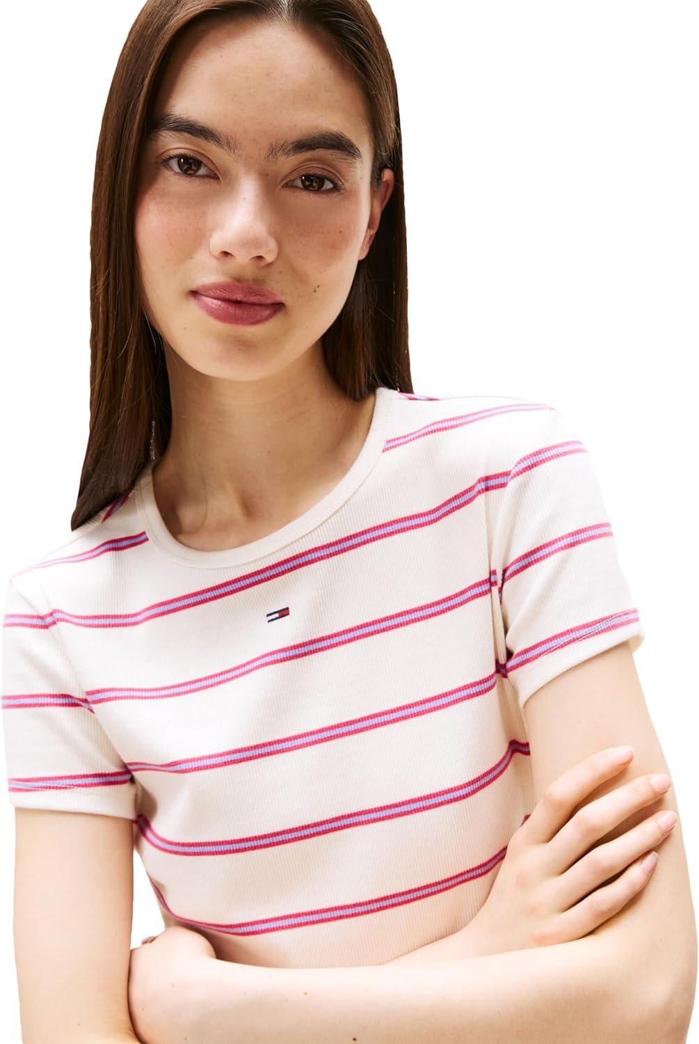 imageTommy Jeans Womens Ribbed Graphic Tee with Embroidered Flag DetailAncient White Cerise Stripe