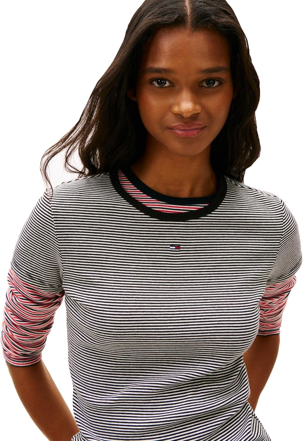 imageTommy Jeans Womens Ribbed Graphic Tee with Embroidered Flag DetailBlack White Stripe