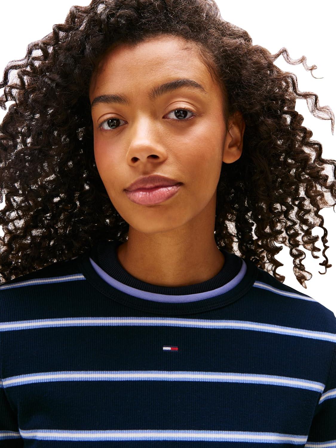 imageTommy Jeans Womens Ribbed Graphic Tee with Embroidered Flag DetailDark Night Navy Stripe