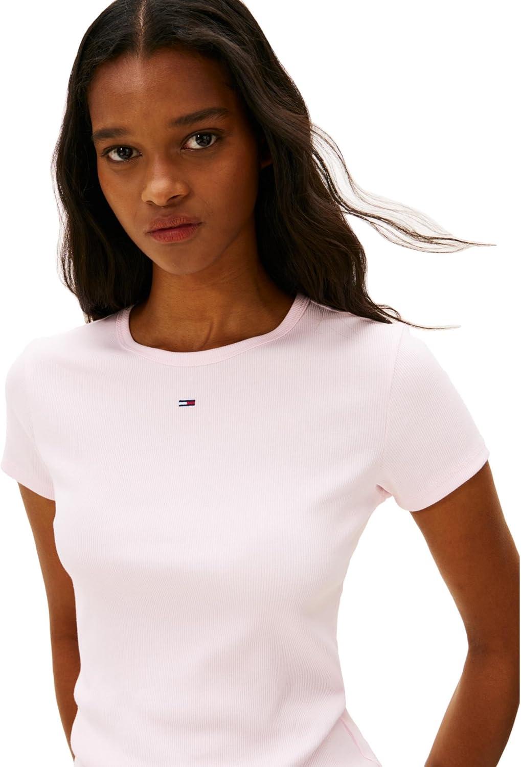 imageTommy Jeans Womens Ribbed Graphic Tee with Embroidered Flag DetailLight Pink