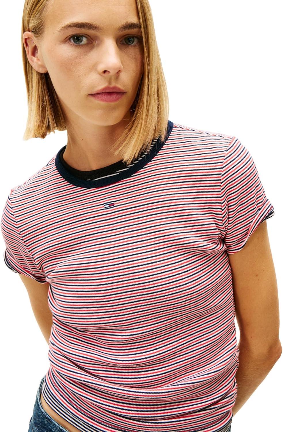 imageTommy Jeans Womens Ribbed Graphic Tee with Embroidered Flag DetailRed Navy White Mini Stripe