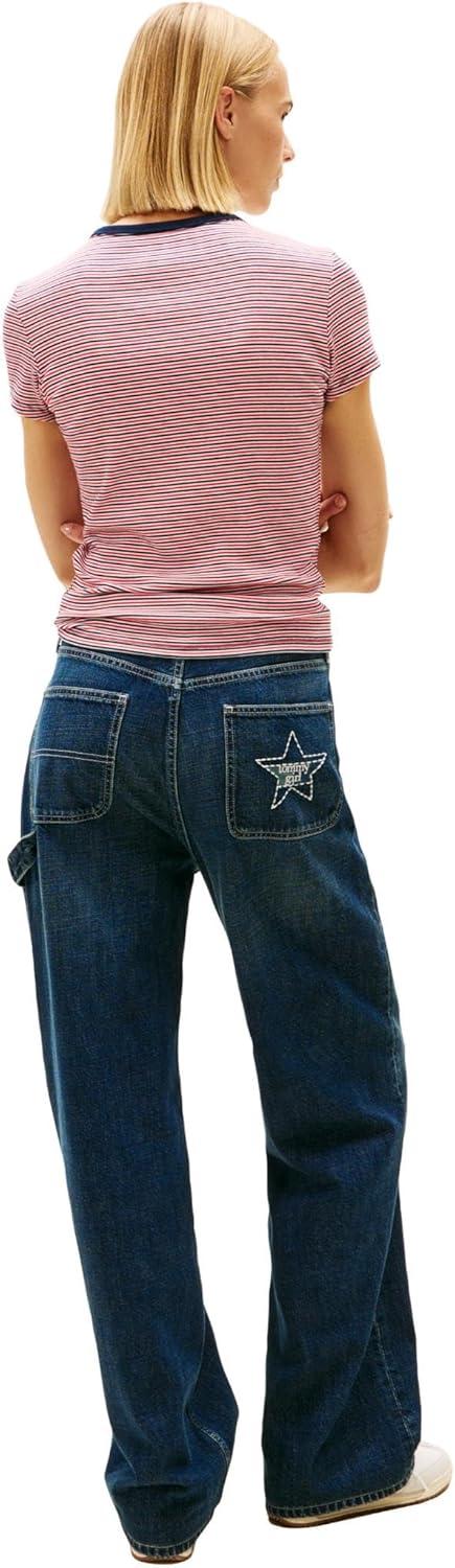 imageTommy Jeans Womens Ribbed Graphic Tee with Embroidered Flag DetailRed Navy White Mini Stripe