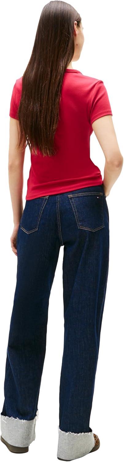 imageTommy Jeans Womens Ribbed Graphic Tee with Embroidered Flag DetailRuby Rhubarb