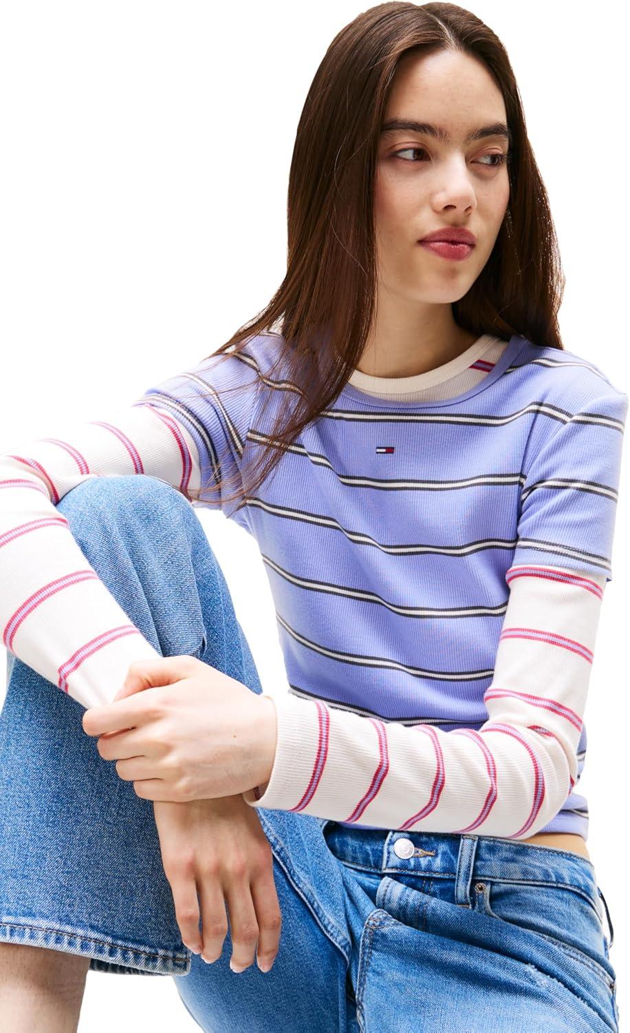 imageTommy Jeans Womens Ribbed Graphic Tee with Embroidered Flag DetailVintage Iris Stripe