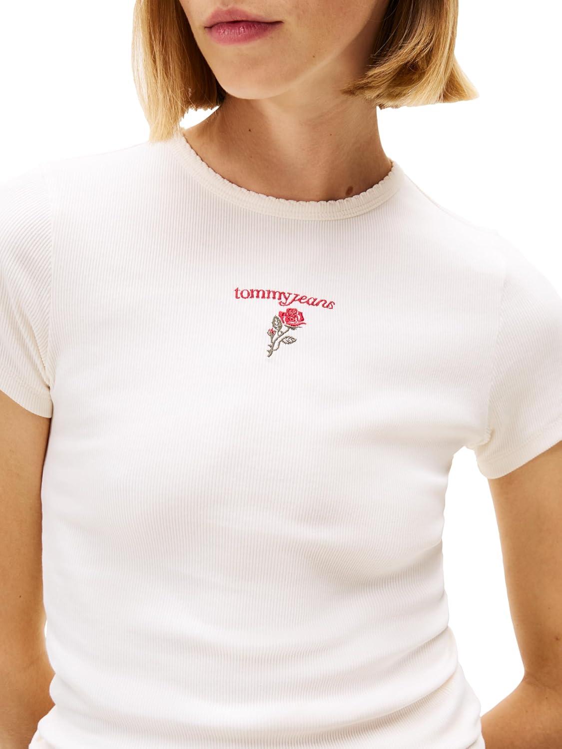 imageTommy Jeans Womens Ribbed Graphic Tee with Embroidered Rose Logo DetailAncient White