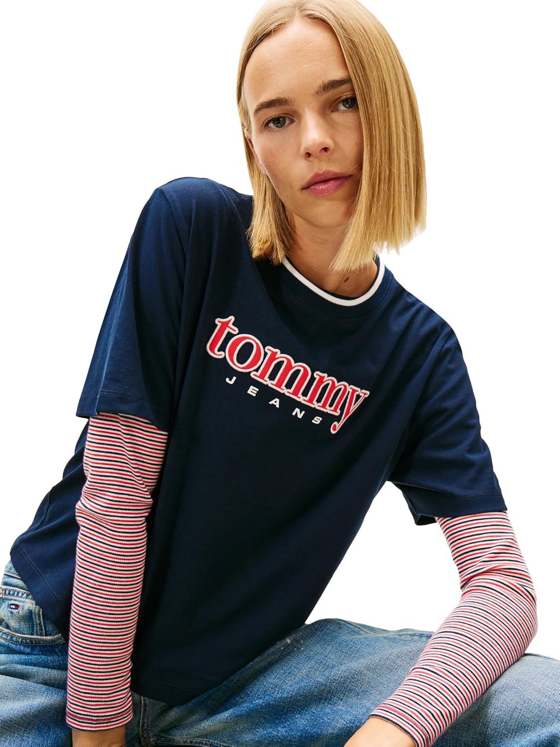 imageTommy Jeans Womens Short Sleeve Cotton Graphic TShirt with Applique Logo DetailDark Night Navy