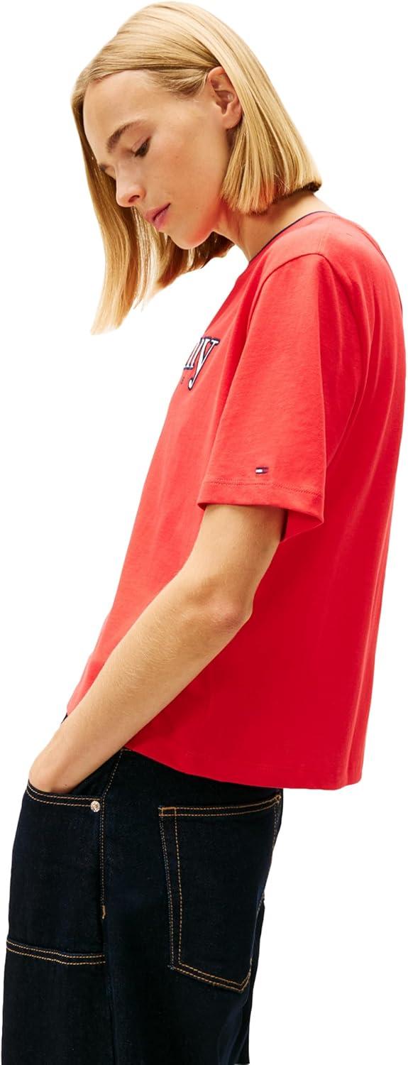 imageTommy Jeans Womens Short Sleeve Cotton Graphic TShirt with Applique Logo DetailRed Alert
