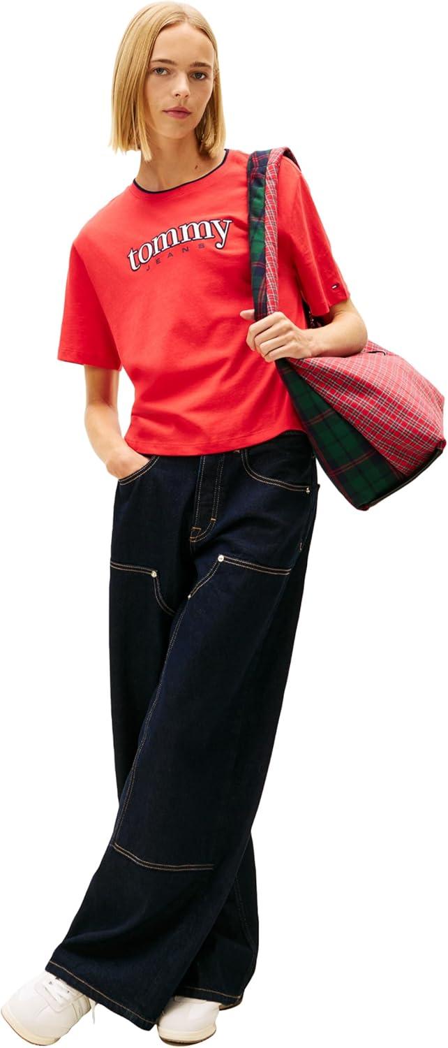 imageTommy Jeans Womens Short Sleeve Cotton Graphic TShirt with Applique Logo DetailRed Alert