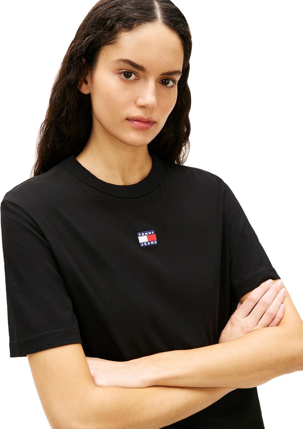 imageTommy Jeans Womens Short Sleeve Cotton Graphic TShirt with Embroidered Flag LogoBlack