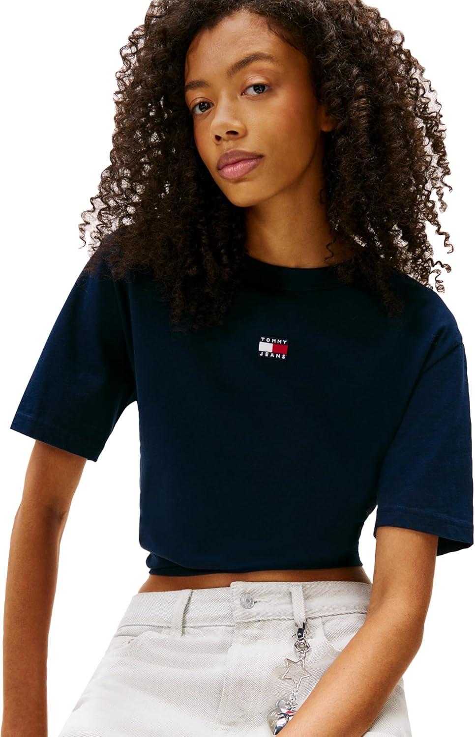 imageTommy Jeans Womens Short Sleeve Cotton Graphic TShirt with Embroidered Flag LogoDark Night Navy