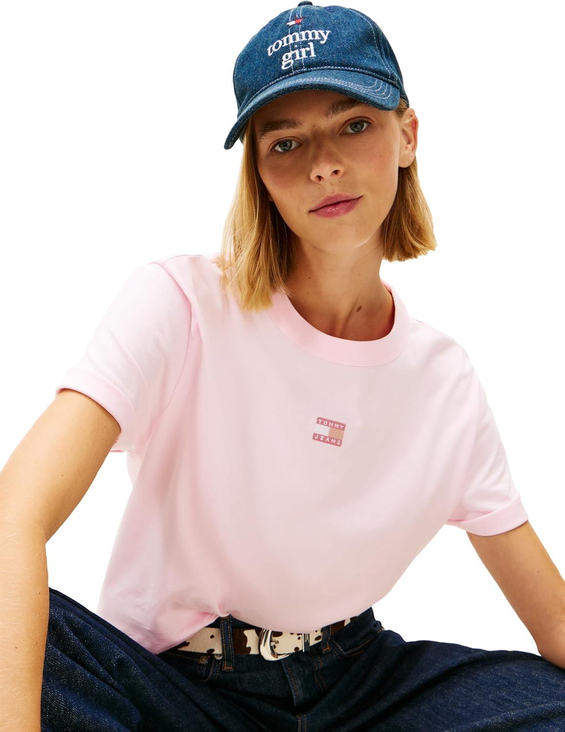 imageTommy Jeans Womens Short Sleeve Cotton Graphic TShirt with Embroidered Flag LogoLight Pink