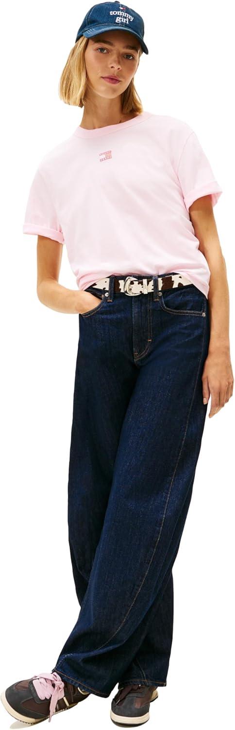 imageTommy Jeans Womens Short Sleeve Cotton Graphic TShirt with Embroidered Flag LogoLight Pink