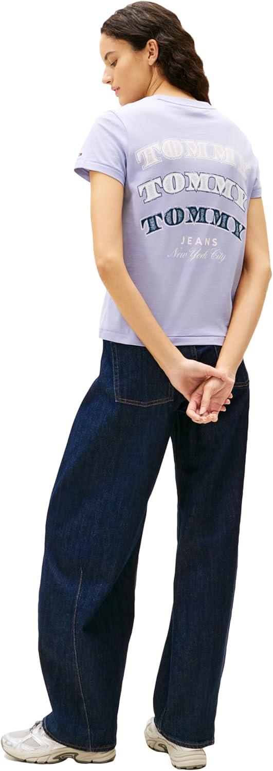 imageTommy Jeans Womens Short Sleeve Cotton Graphic TShirt with Printed Stacked Back GraphicPeriwinkle Dusk