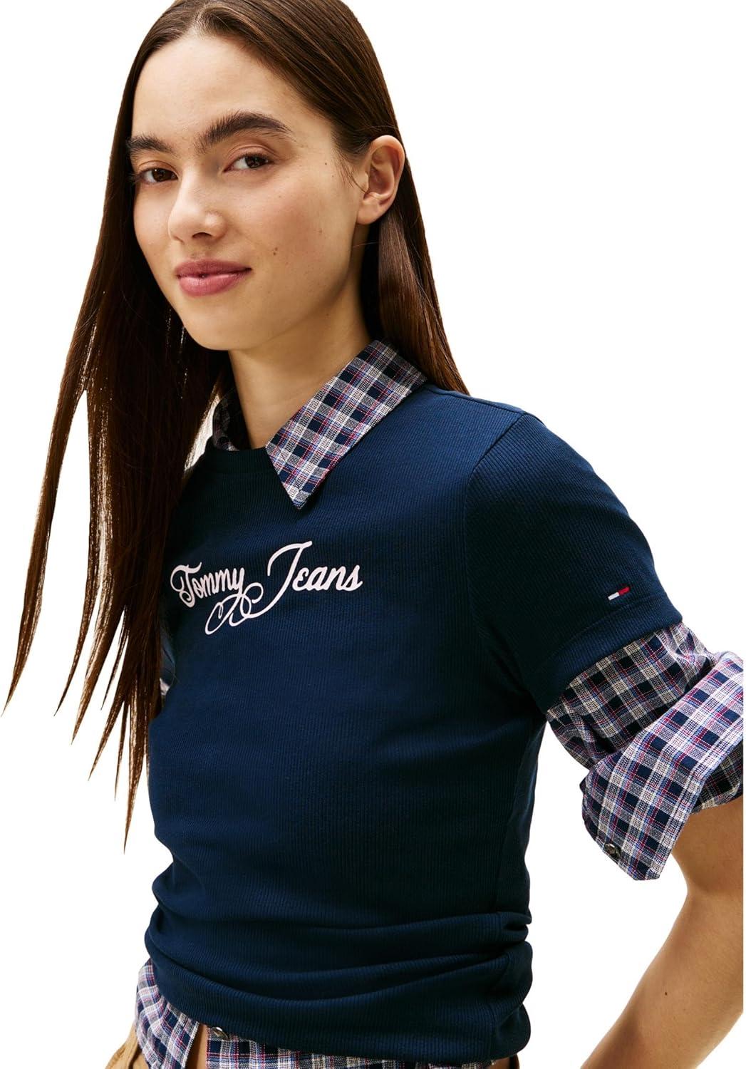 imageTommy Jeans Womens Short Sleeve Cotton Graphic TShirts with Printed Script LogoDark Night Navy