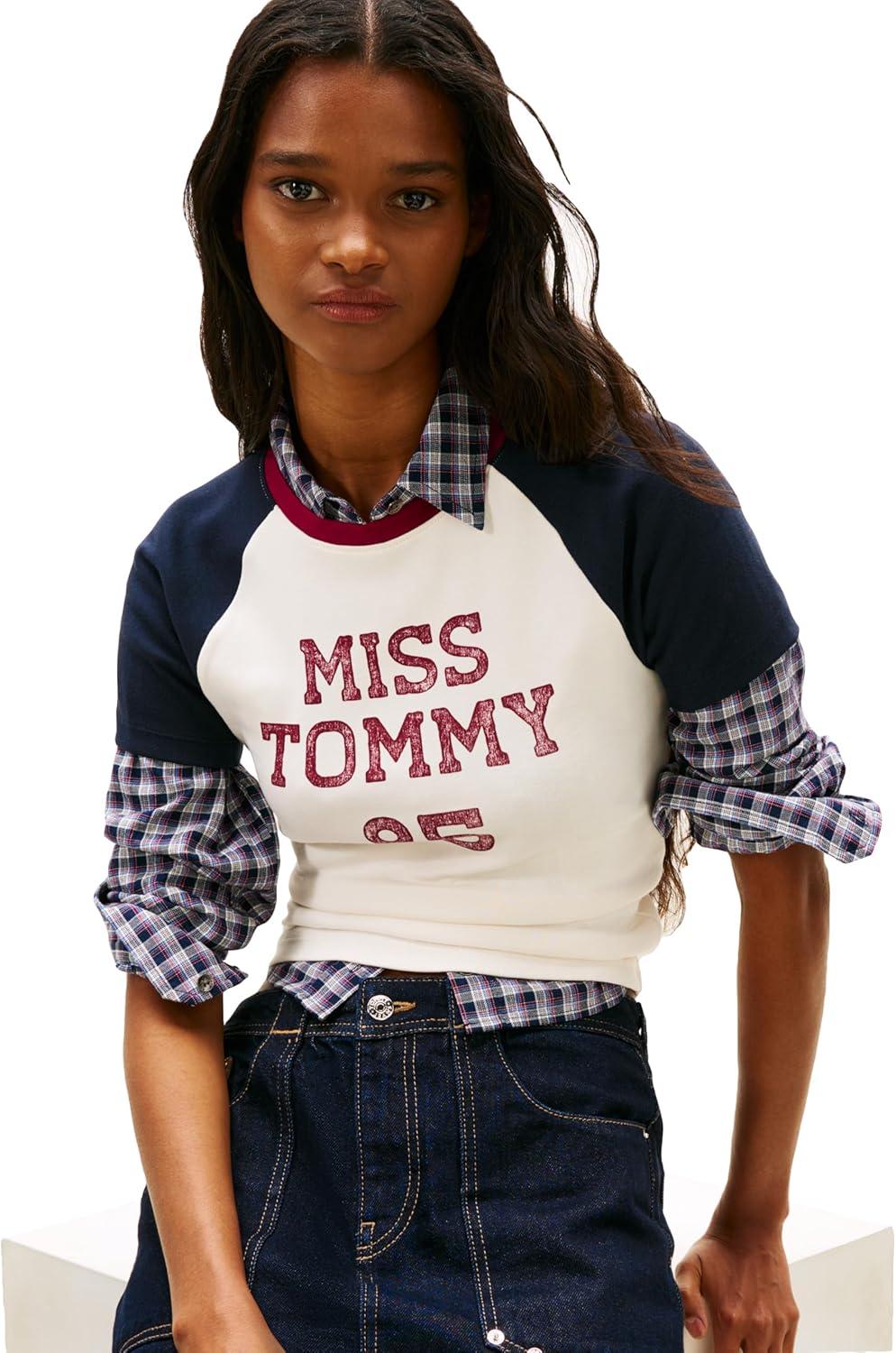 imageTommy Jeans Womens Short Sleeve Cotton Graphic TShirts with Printed Varsity LogoAncient White
