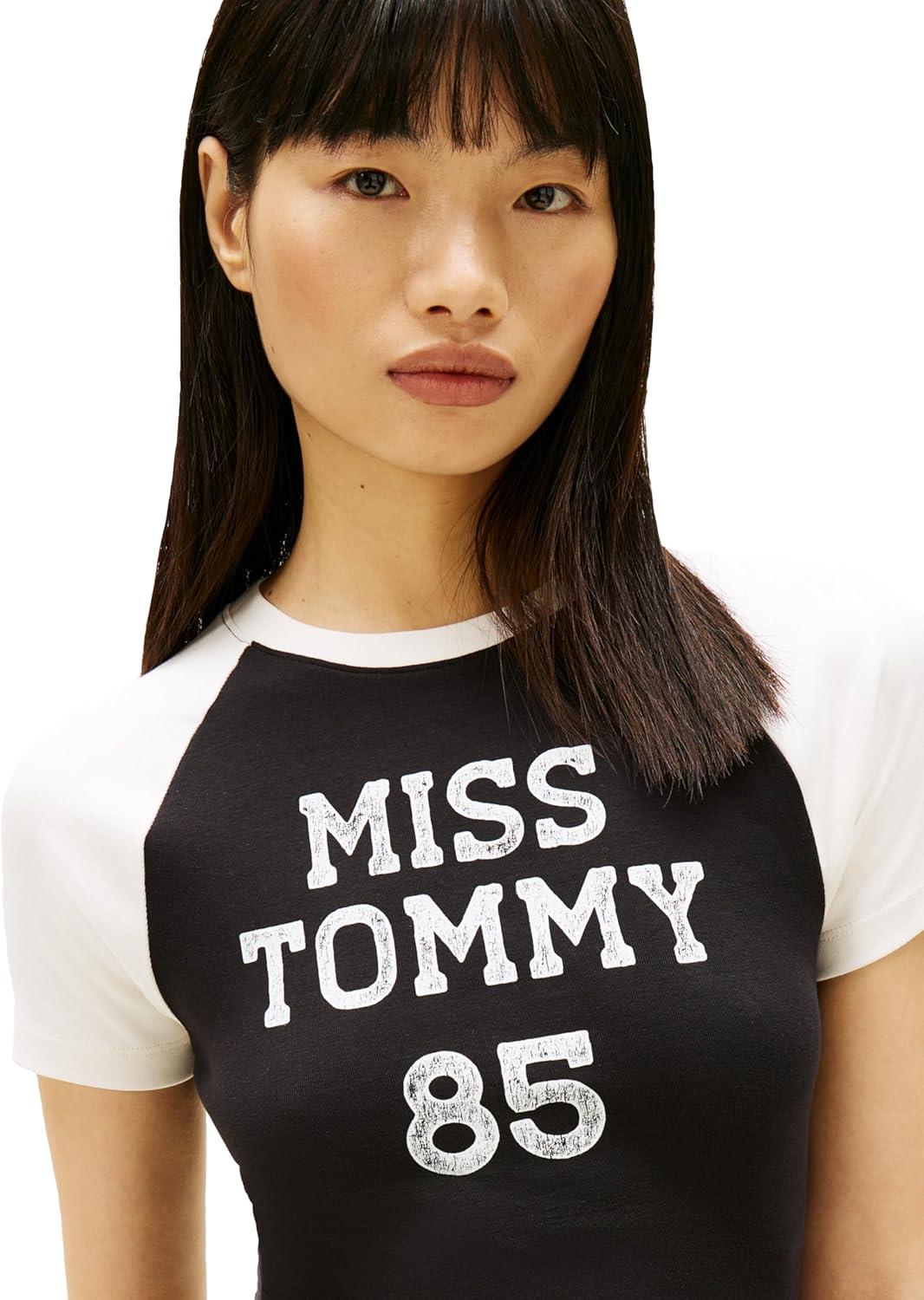imageTommy Jeans Womens Short Sleeve Cotton Graphic TShirts with Printed Varsity LogoBlack