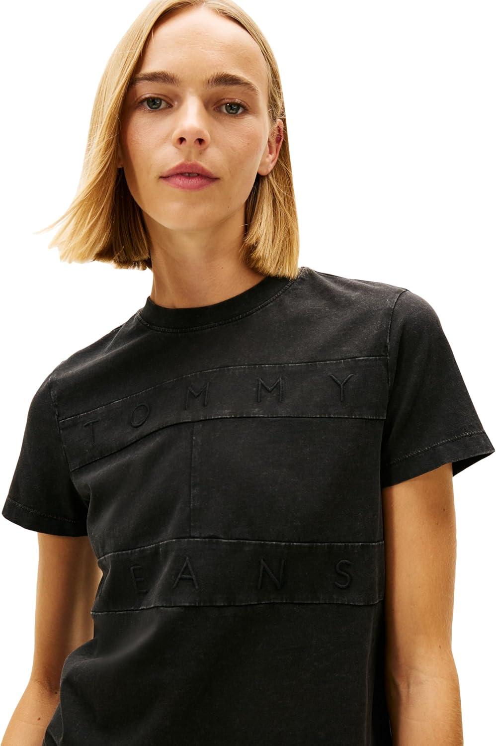 imageTommy Jeans Womens Short Sleeve Cotton Graphic TShirts with Tonal Embroidered Flag LogoBlack