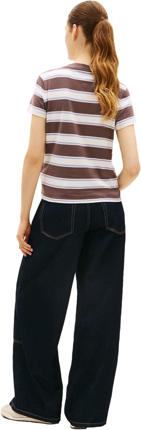 imageTommy Jeans Womens Short Sleeve Cotton Striped TShirts with Embroidered Flag LogoBlack Walnut Multi Stripe