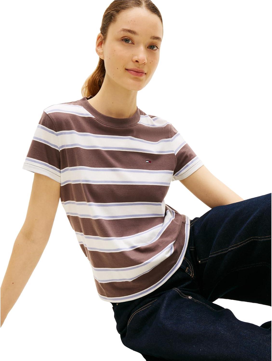 imageTommy Jeans Womens Short Sleeve Cotton Striped TShirts with Embroidered Flag LogoBlack Walnut Multi Stripe