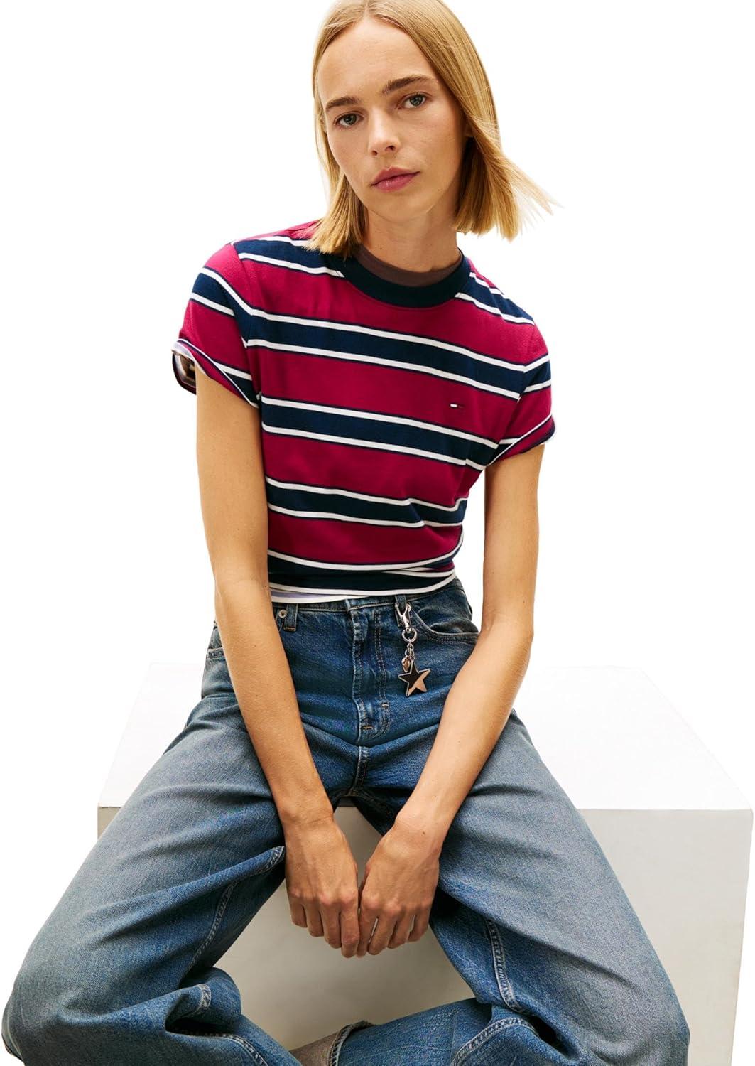 imageTommy Jeans Womens Short Sleeve Cotton Striped TShirts with Embroidered Flag LogoLavish Cerise Multi Stripe