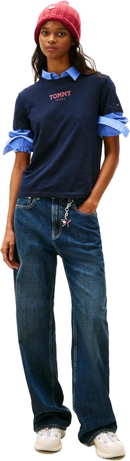 imageTommy Jeans Womens Short Sleeve Essential Cotton Graphic TShirt with Printed LogoDark Night Navy