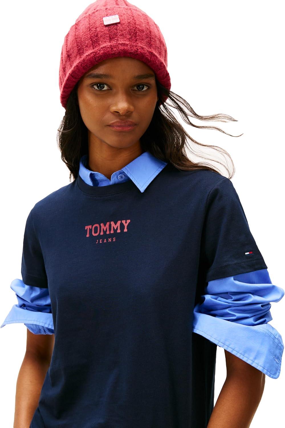 imageTommy Jeans Womens Short Sleeve Essential Cotton Graphic TShirt with Printed LogoDark Night Navy
