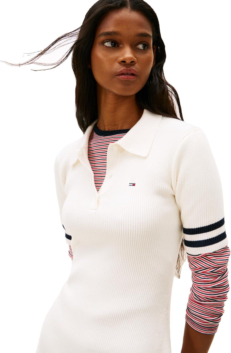 imageTommy Jeans Womens Short Sleeve Sweater Polo Mini Dress with Embroidered LogoAncient White