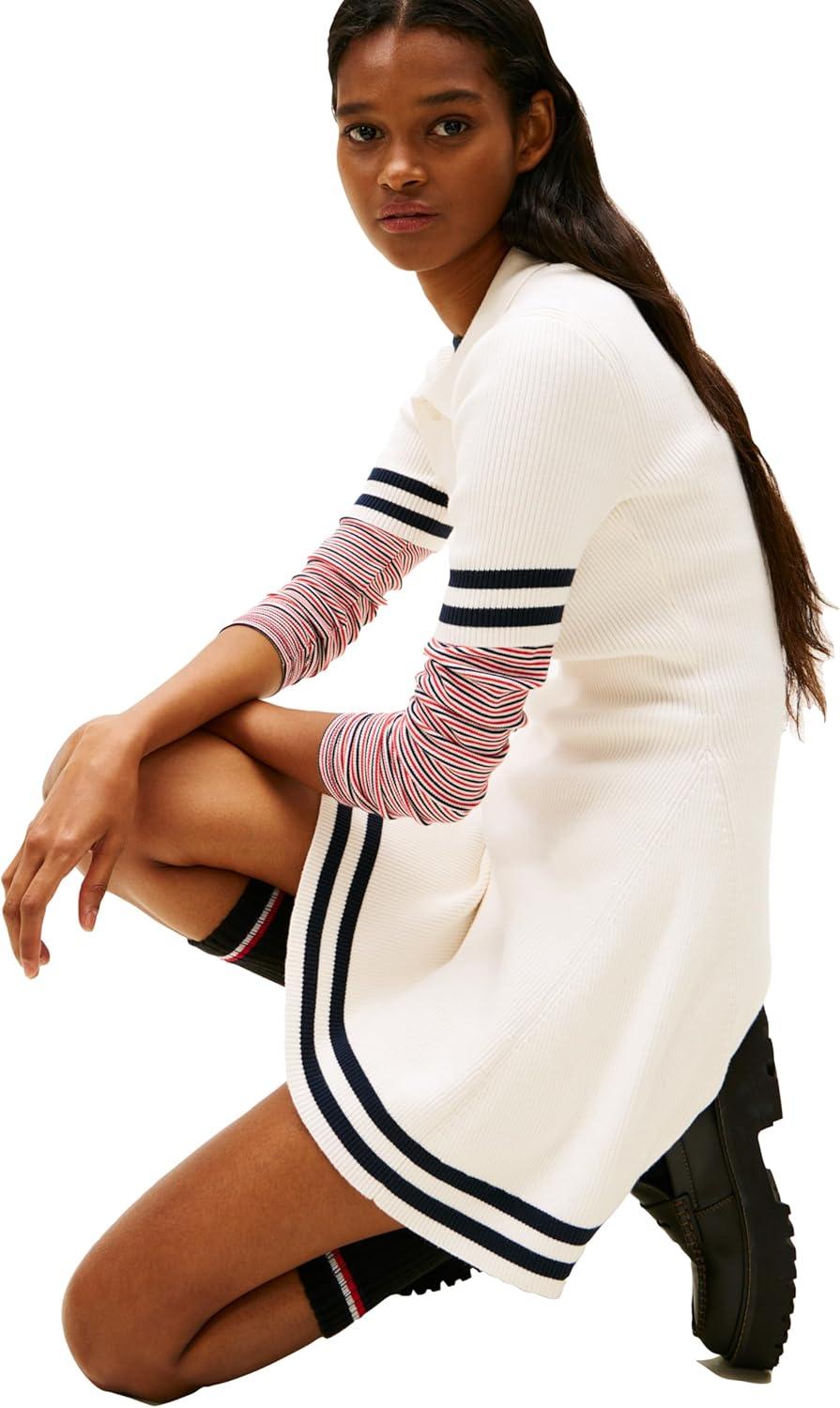 imageTommy Jeans Womens Short Sleeve Sweater Polo Mini Dress with Embroidered LogoAncient White