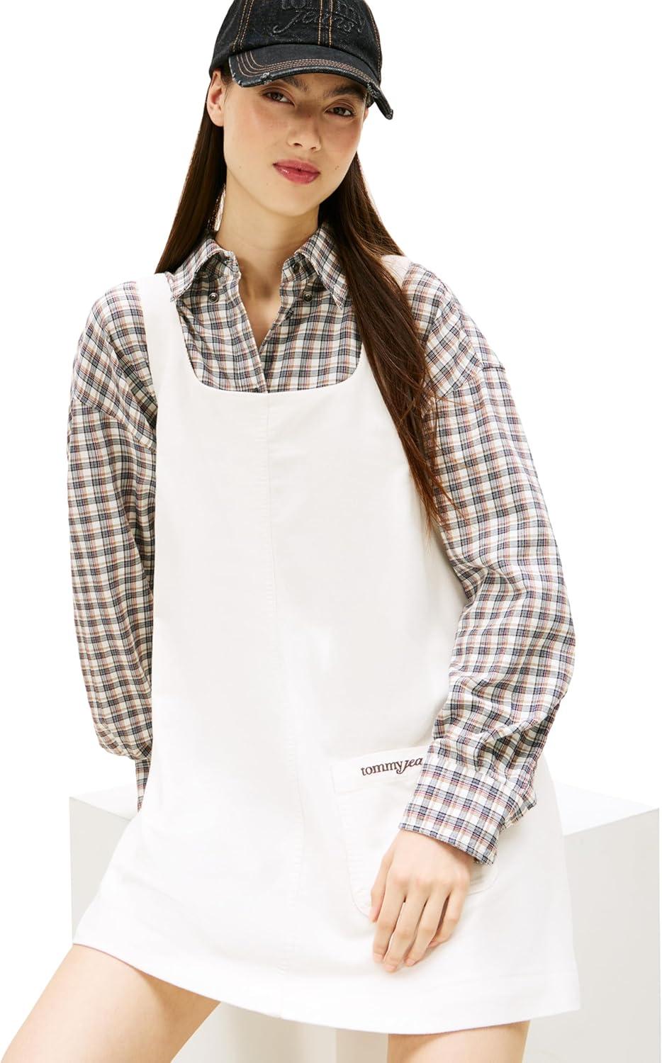 imageTommy Jeans Womens Sleeveless Cord Pinafore Dress with Embroidered Script LogoAncient White