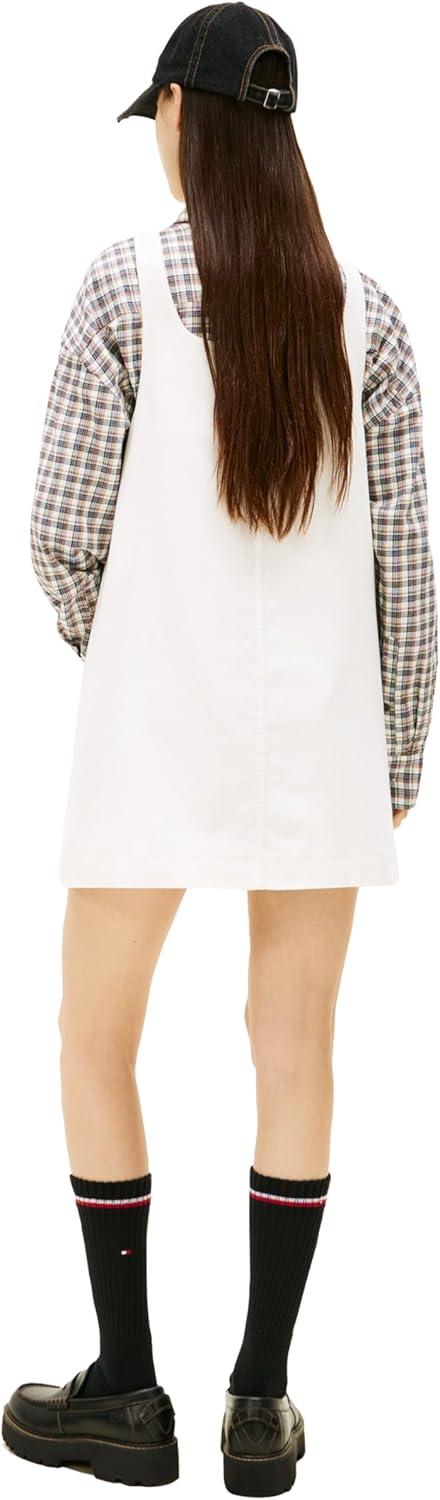 imageTommy Jeans Womens Sleeveless Cord Pinafore Dress with Embroidered Script LogoAncient White
