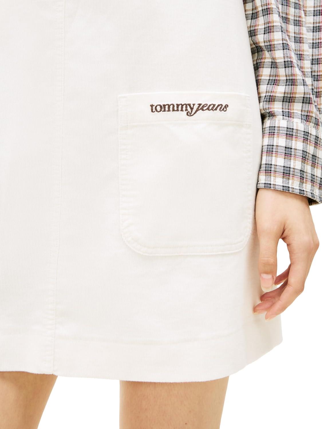 imageTommy Jeans Womens Sleeveless Cord Pinafore Dress with Embroidered Script LogoAncient White