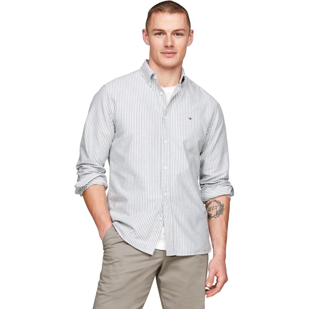 imageTommy Hilfiger Mens Heritage Oxford Solid Regular Long Sleeve ShirtsOrnamental Green  Optic White