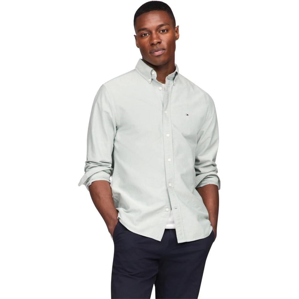 imageTommy Hilfiger Mens Heritage Oxford Solid Regular Long Sleeve ShirtsOrnamental Green