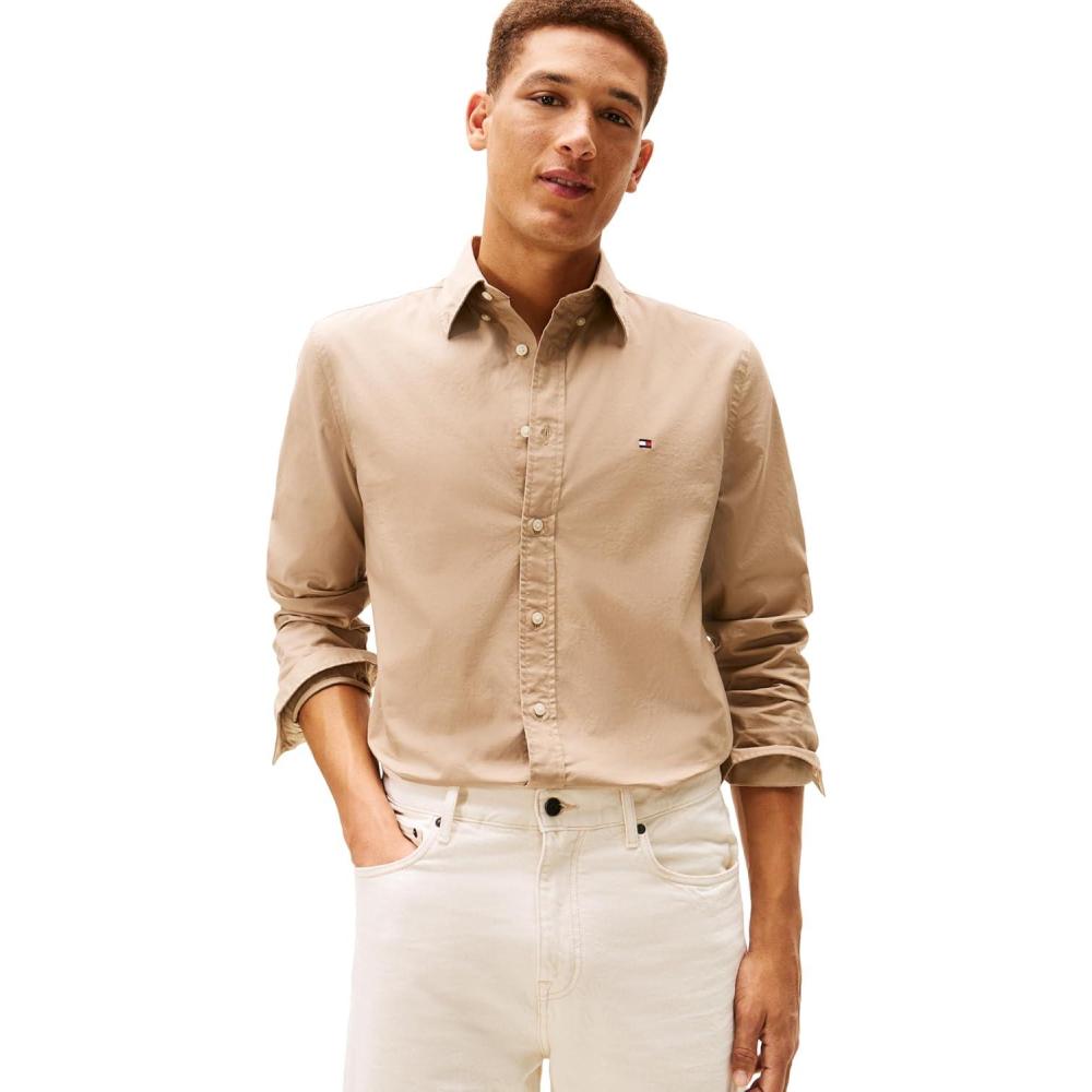 imageTommy Hilfiger Mens Long Sleeve Poplin Shirts in Regular Fit Mens Button Down Shirts Also Available in Big and TallCoastal Taupe
