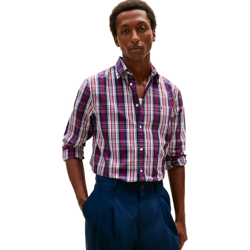 imageTommy Hilfiger Mens Long Sleeve Poplin Shirts in Regular Fit Mens Button Down Shirts Also Available in Big and TallPreppy Navy  Check