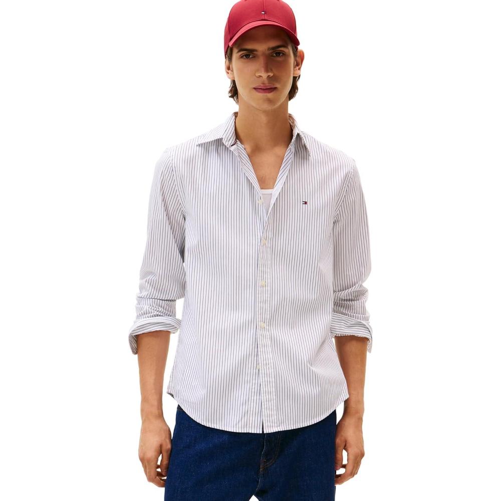 imageTommy Hilfiger Mens Long Sleeve Poplin Shirts in Regular Fit Mens Button Down Shirts Also Available in Big and TallWhite  Stripe