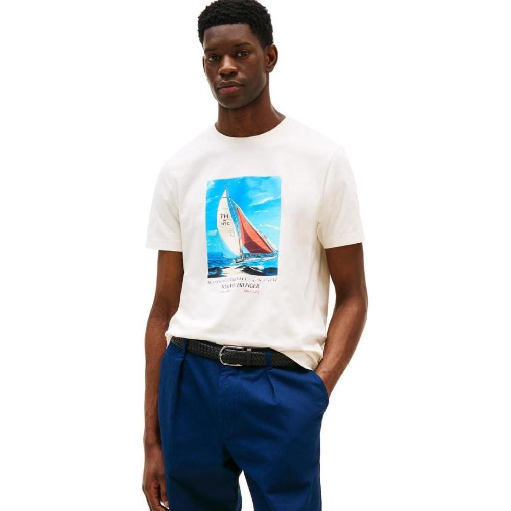 imageTommy Hilfiger Mens Short Sleeve Cotton Graphic TShirts with Photo Print DesignIvory Petal