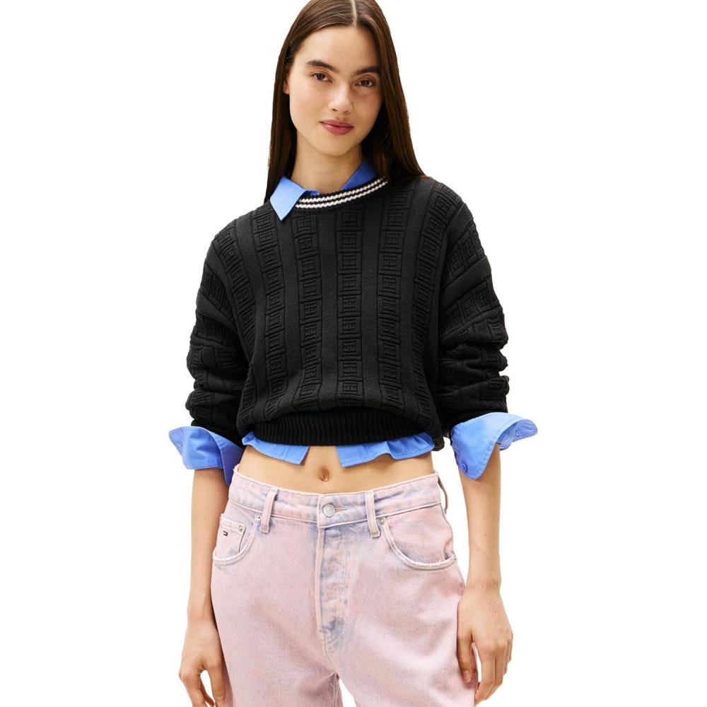 imageTommy Jeans Womens Cotton Cable Pullover Crewneck Sweater with Knit Flag PrintBlack