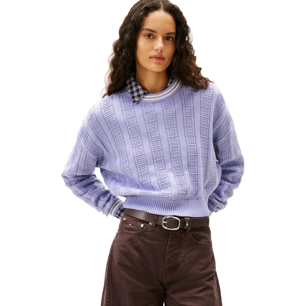 imageTommy Jeans Womens Cotton Cable Pullover Crewneck Sweater with Knit Flag PrintPeriwinkle Dusk